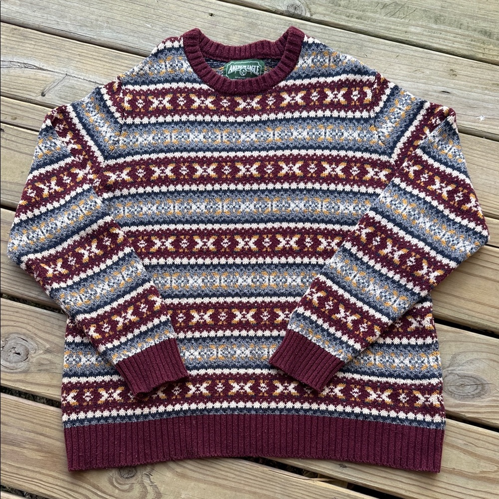 Vintage Y2K American Eagle Men’s XXL Fair Isle Burgundy Knit Crewneck Sweater